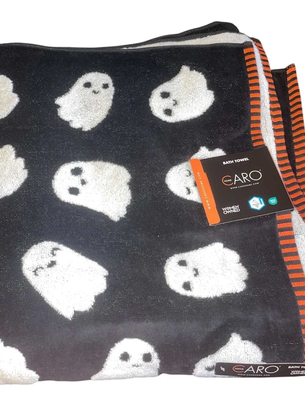 CARO Home Halloween White Ghosts Bath Towels Set of 2 Orange Black White NWT
